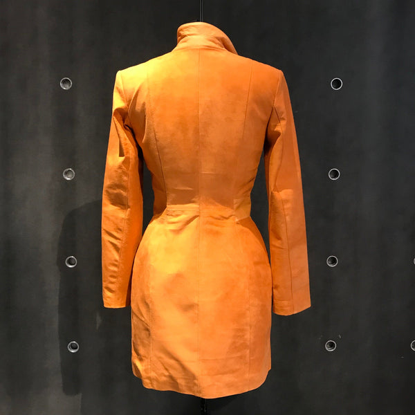 Orange Suede Stand Collar Dress Coat