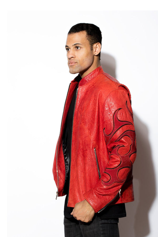 Men's Skull Terminator Stingray with Red Washed Lambskin Racer Zip Front Jacket