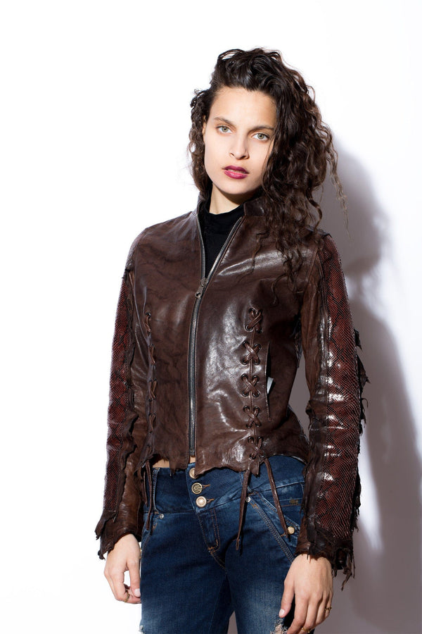 Women's Dark Brown Leather Jacket with Snakeskin Sleeves & Back